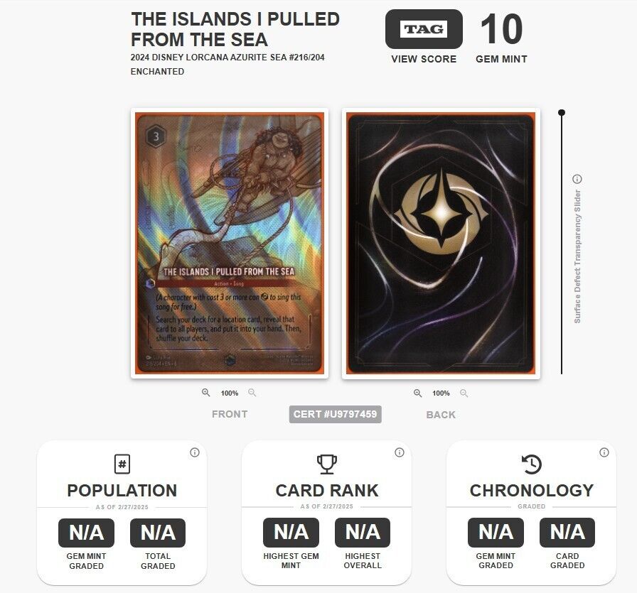 Disney Lorcana TAG 10 THE ISLANDS I PULLED FROM THE SEA Enchanted #216/204 PSA