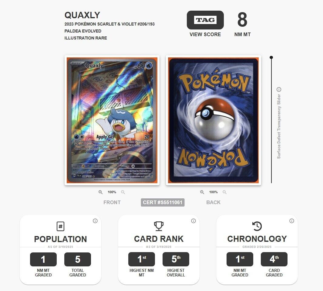 Pokemon TAG 8 MT Quaxly #206/193 Illustration Rare Paldea Evolved Graded