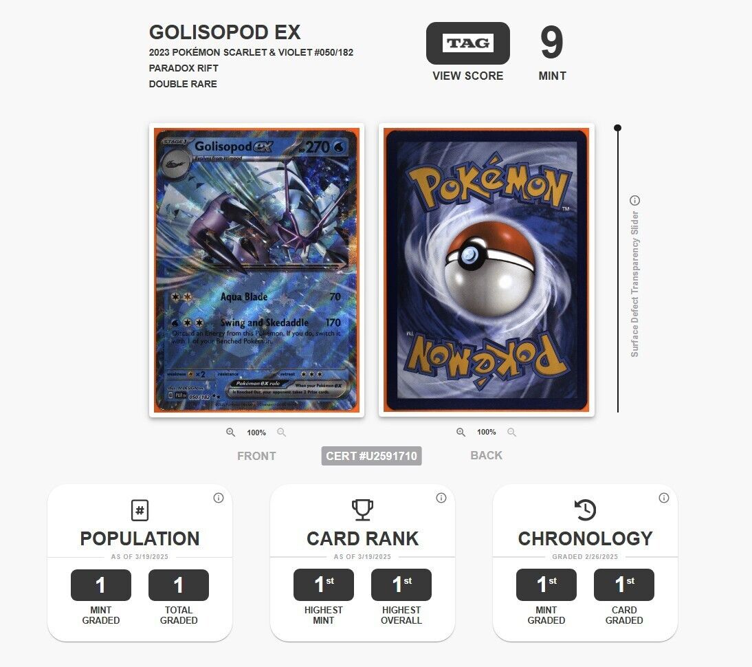 Pokemon TAG 9 MT Golisopod EX #50/114 Double Rare Paradox Rift 2021 Graded Slab