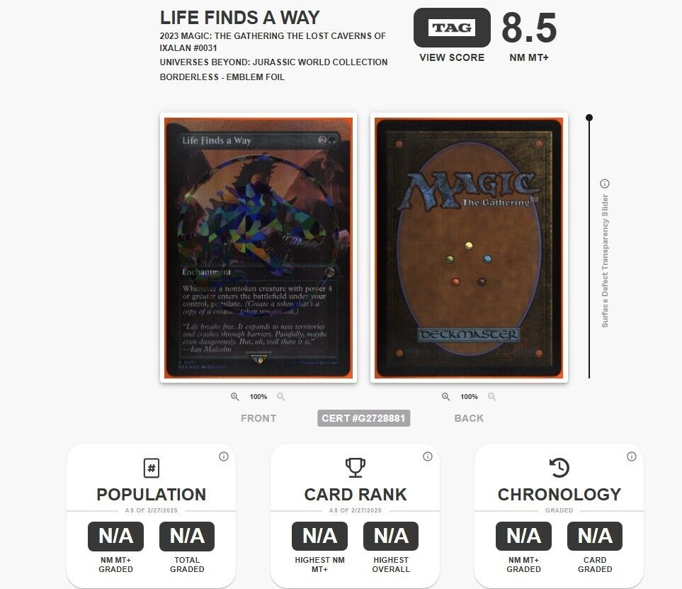 MTG LIFE FINDS A WAY Jurassic World Borderless-Emblem Foil #0031 TAG 8.5