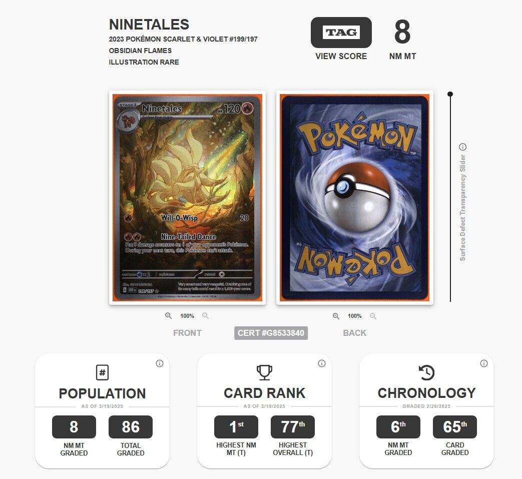 Pokemon TAG 8 NM Ninetales #199/197 Illustration Rare Obsidian Flames Graded