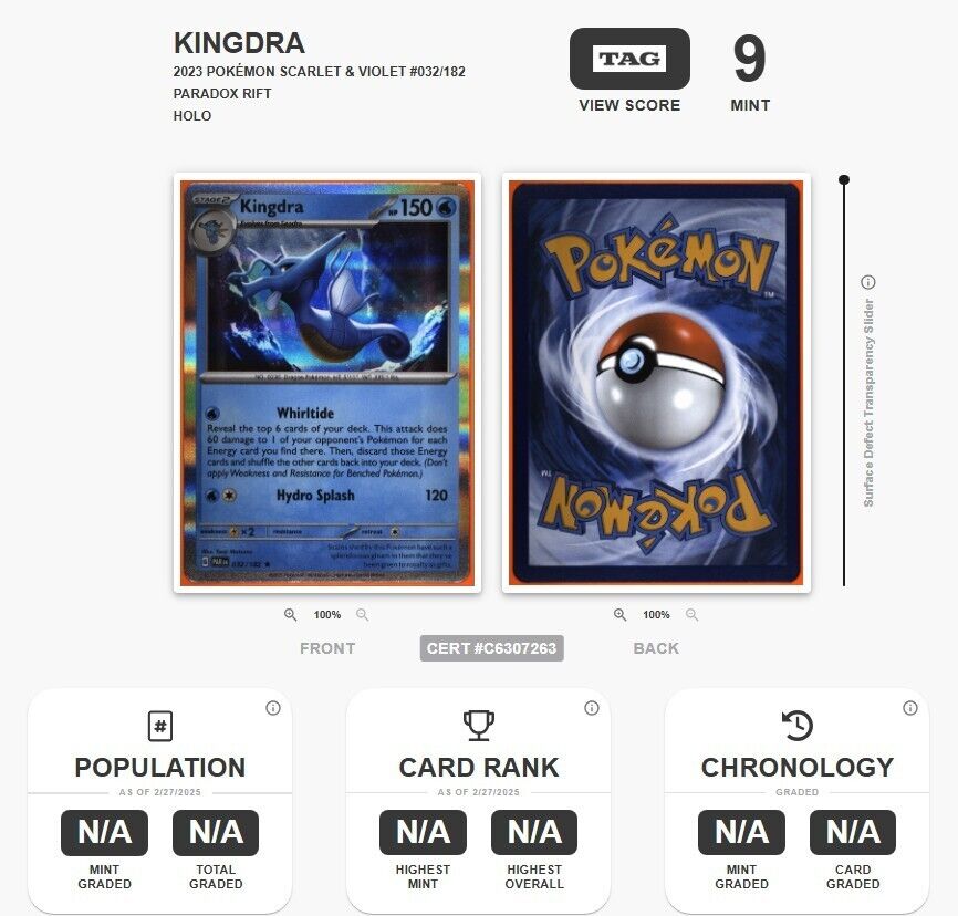 Pokemon TAG 9 MT Kingdra 032/114 Holo Paradox Rift 2021 Graded Slab Mint